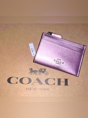 COACH Women’s Pink Leather Cardholder Mini Skinny ID Card Case Keychain Wallet